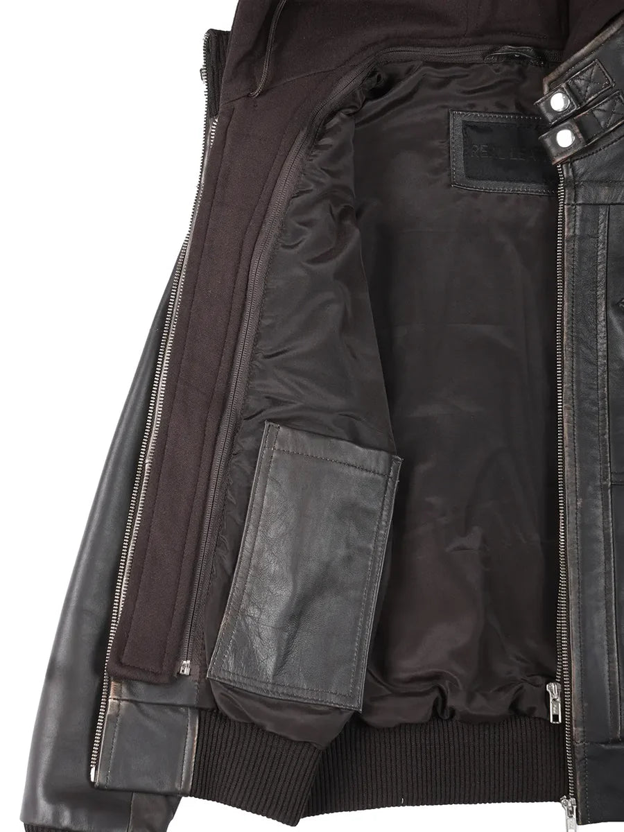 Women's Dark Brown Rub Off Leather Jacket with Removable Hood