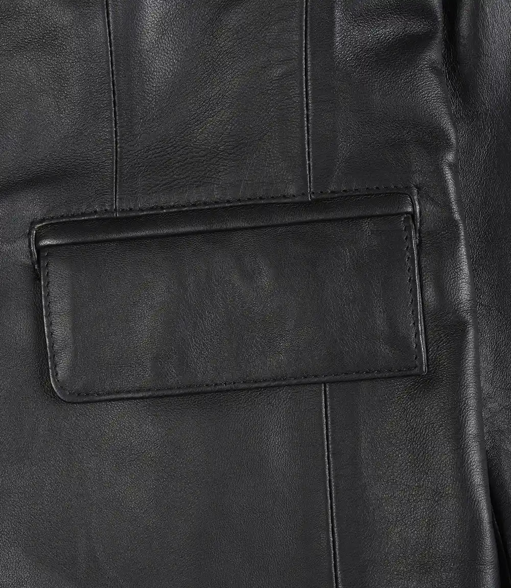 Womens Two Button Notch Lapel Black Leather Blazer Jacket