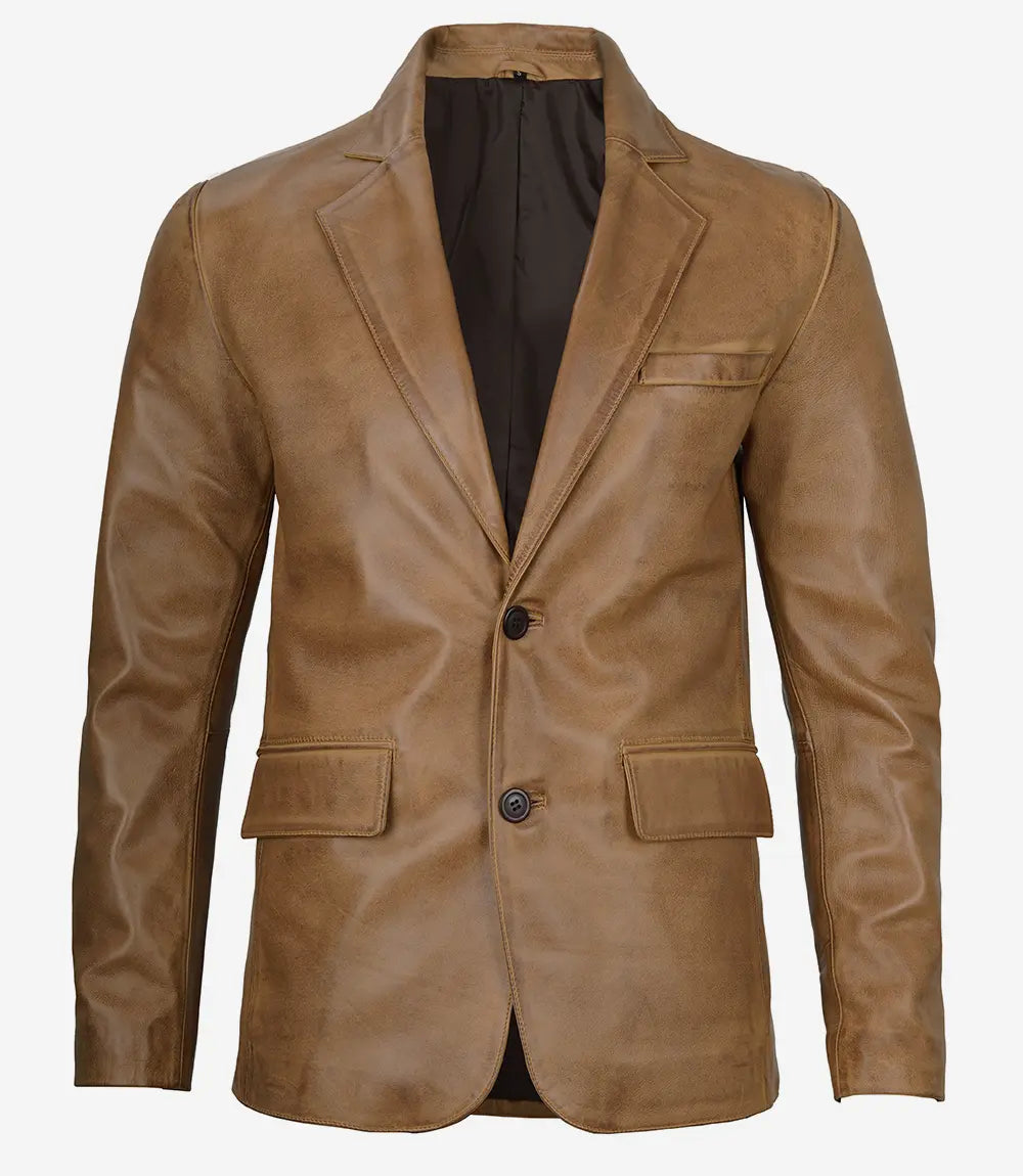 Mens Two Button Camel Brown Leather Blazer