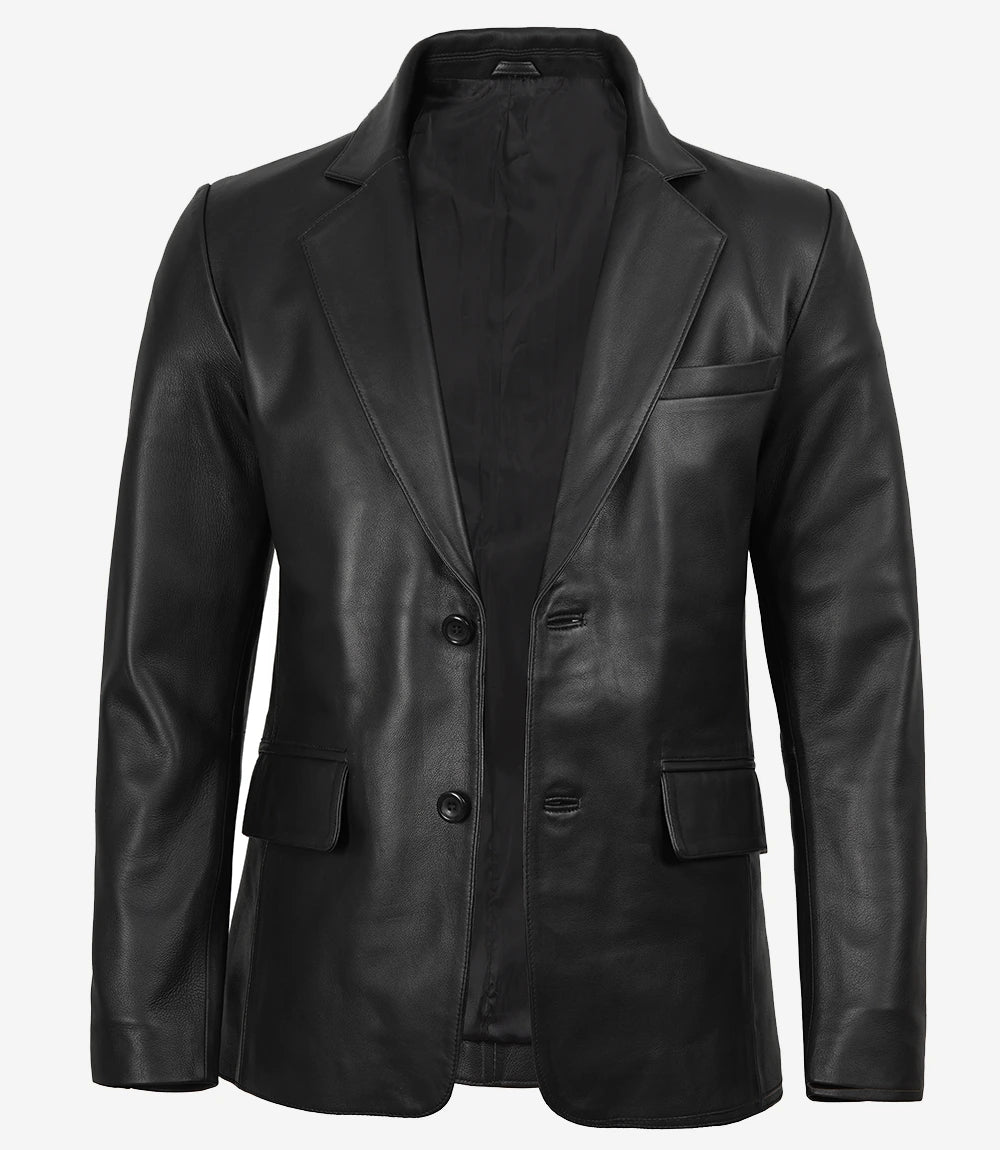 Mens Two Button Black Leather Blazer - Notch Lapel