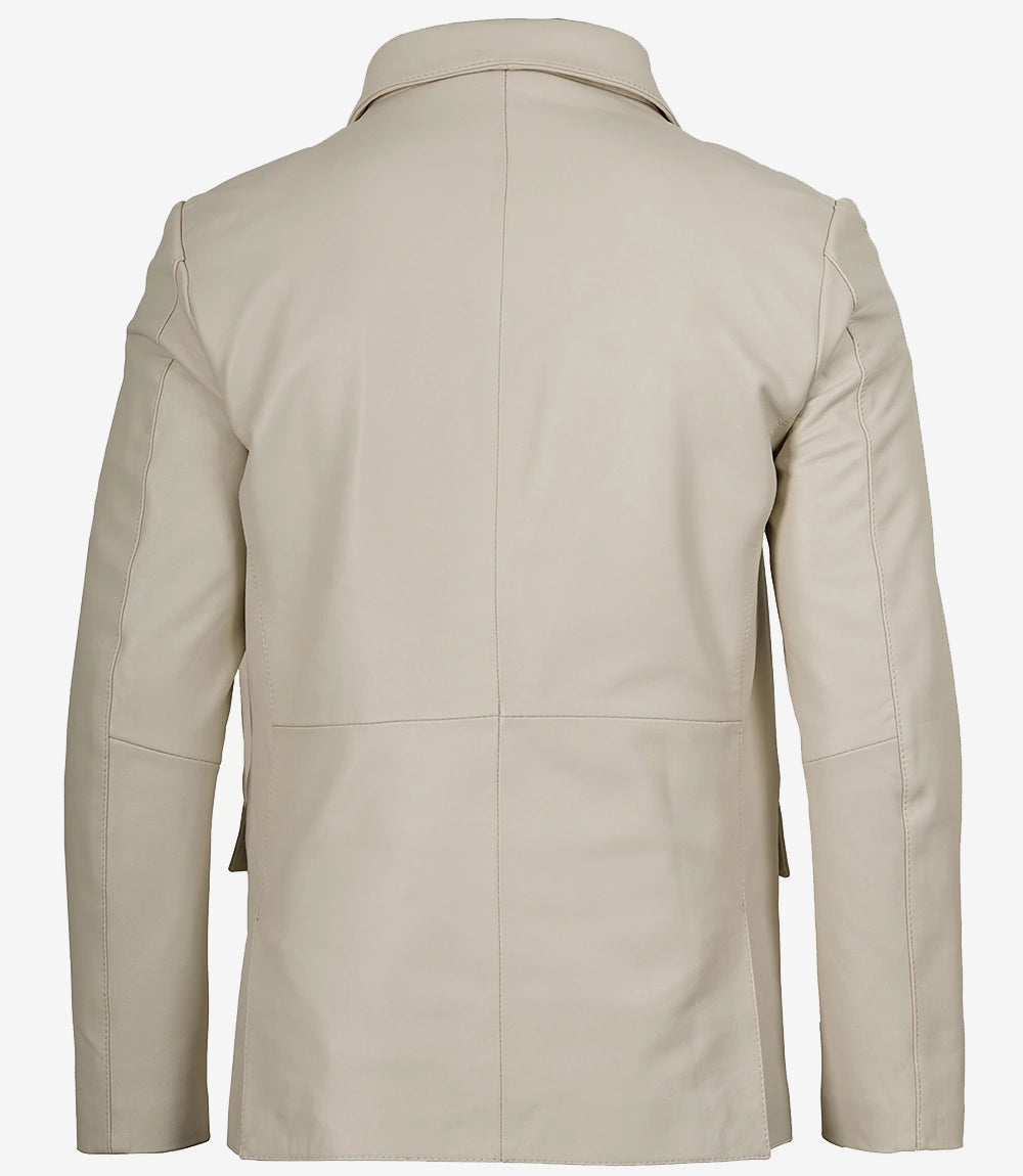 Men's Two Button Notch Lapel Off White Leather Blazer