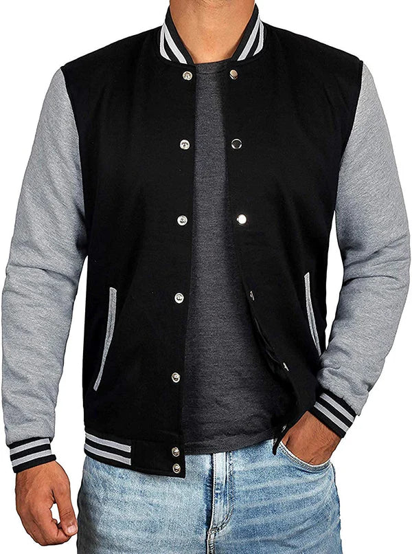 Men’s Black Varsity Baseball Jacket – Grey Sleeves Bomber Style