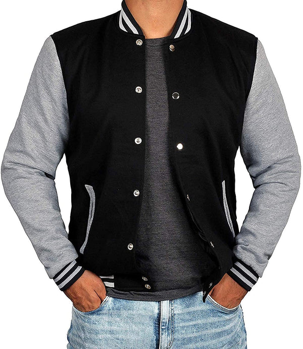 Men’s Black Varsity Baseball Jacket – Grey Sleeves Bomber Style