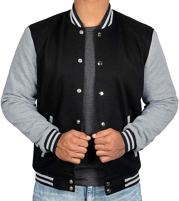 Men’s Black Varsity Baseball Jacket – Grey Sleeves Bomber Style