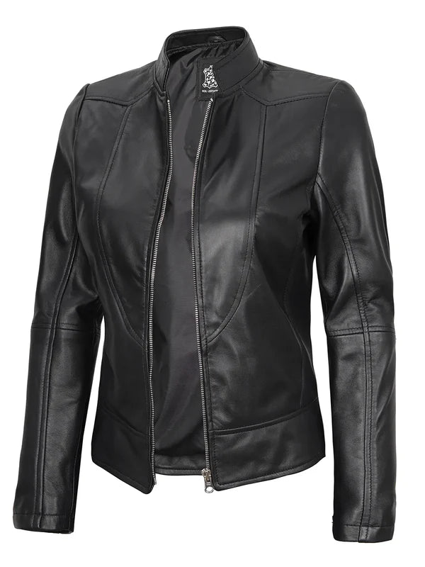 Amy Women's Black Cafe Racer Leather Jacket
