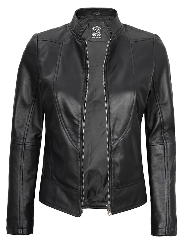 Amy Women's Black Cafe Racer Leather Jacket