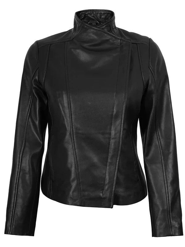 Arezzo Black Flap Closure Cafe Racer Leather Jacket