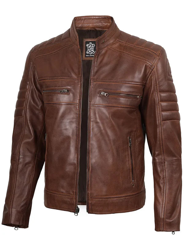 Austin Men's Cognac Brown Cafe Racer Leather Jacket