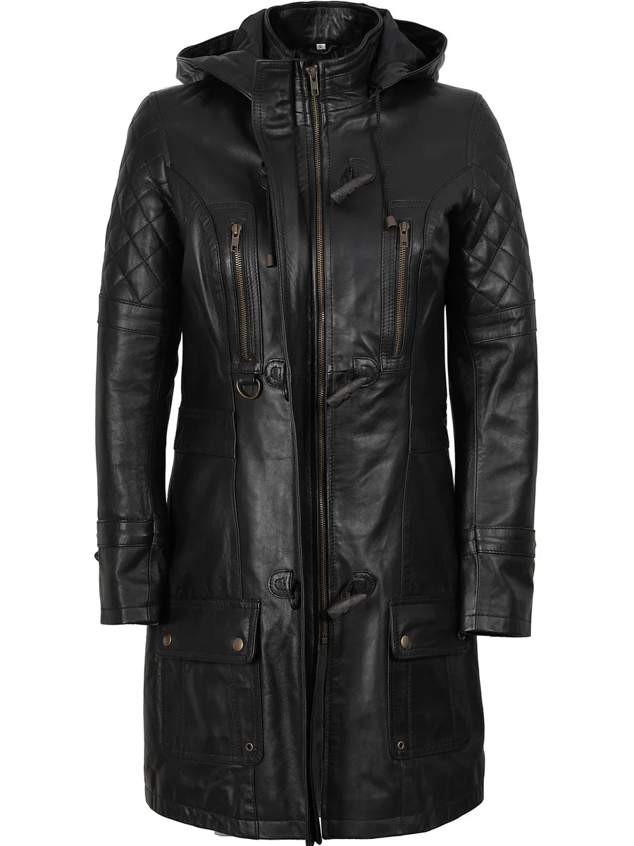 Women’s Black 3/4 Length Leather Coat With Hood