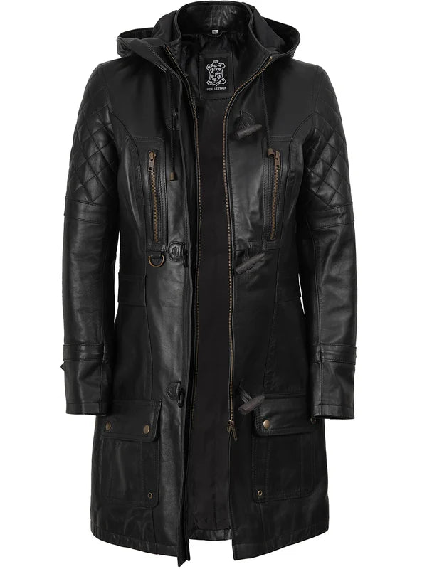 Women’s Black 3/4 Length Leather Coat With Hood