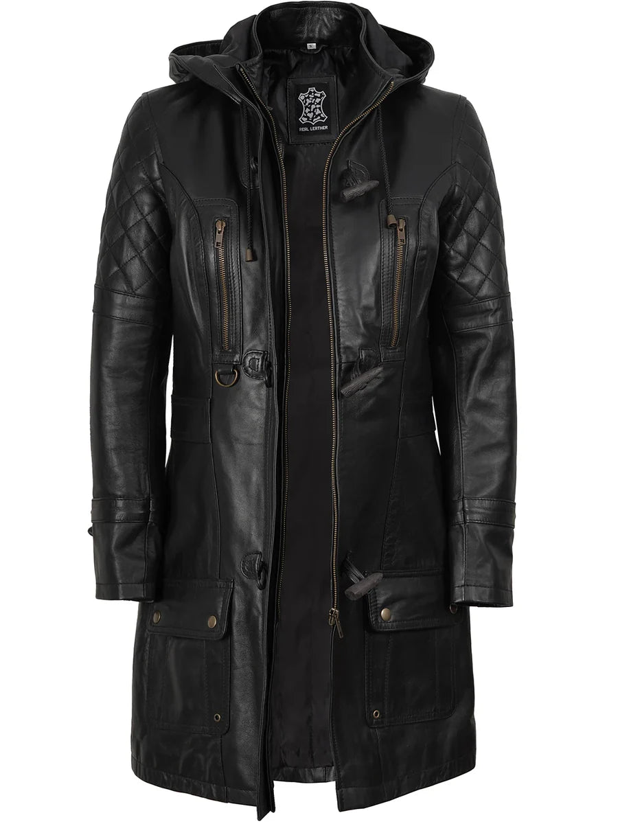 Women’s Black 3/4 Length Leather Coat With Hood