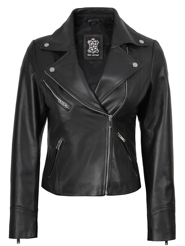Women's Black Asymmetrical Real Leather Biker Style Jacket
