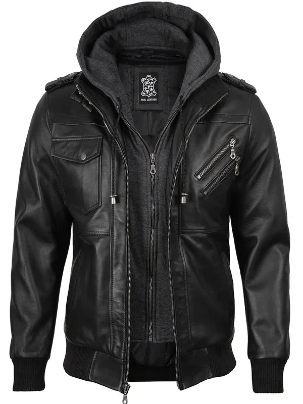 Men's Black Bomber Leather Jacket with Removable Hood