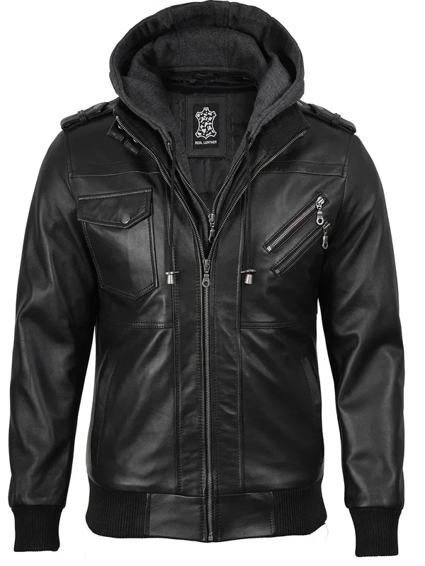 Men's Black Bomber Leather Jacket with Removable Hood