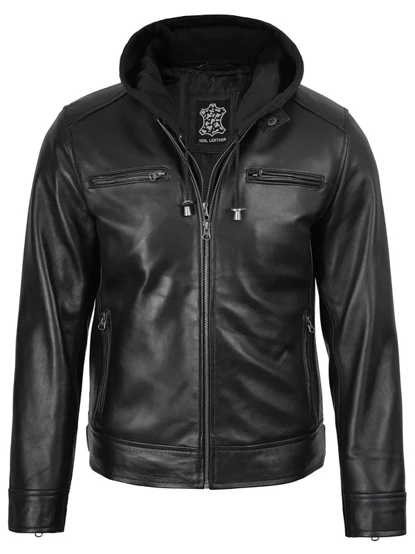 Men's Black Biker Style Leather Jacket with Removable Hood