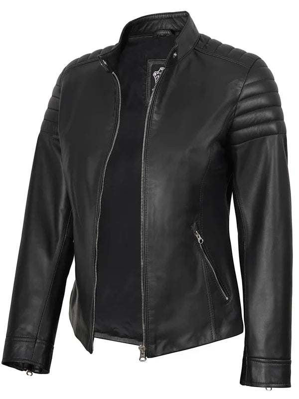 Women's Black Cafe Racer Leather Jacket