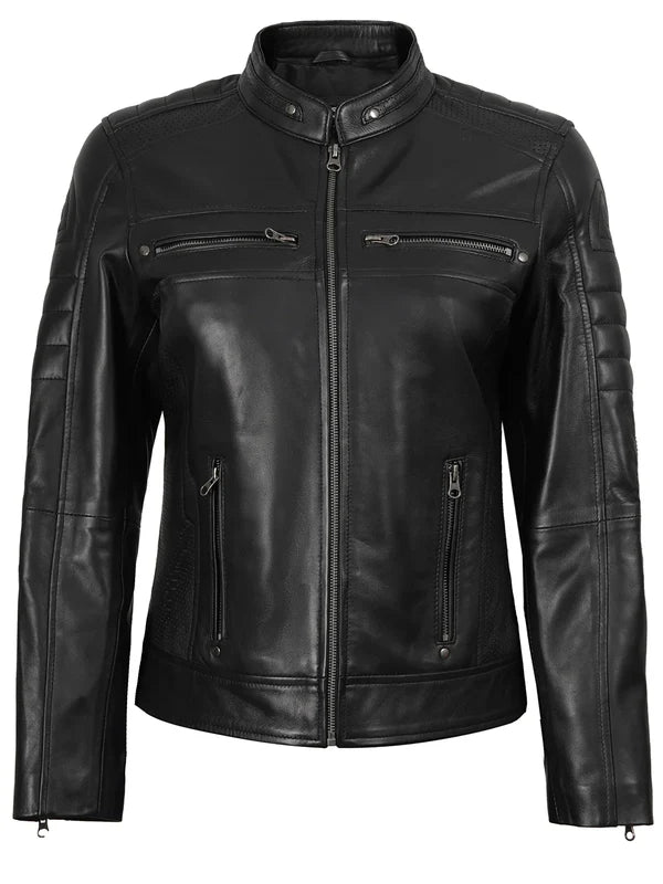 Austin Women's Black Cafe Racer Style Leather Jacket