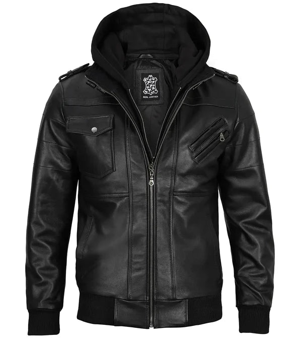 Edinburgh Mens Black Bomber Leather Jacket With Removable Hood