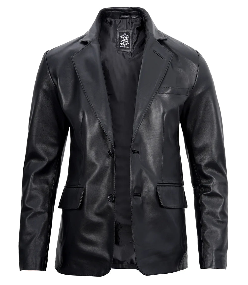 Mens Two Button Notch Lapel Black Leather Blazer