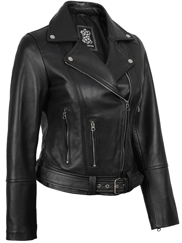 Womens Asymmetrical Black Biker Style Leather Jacket