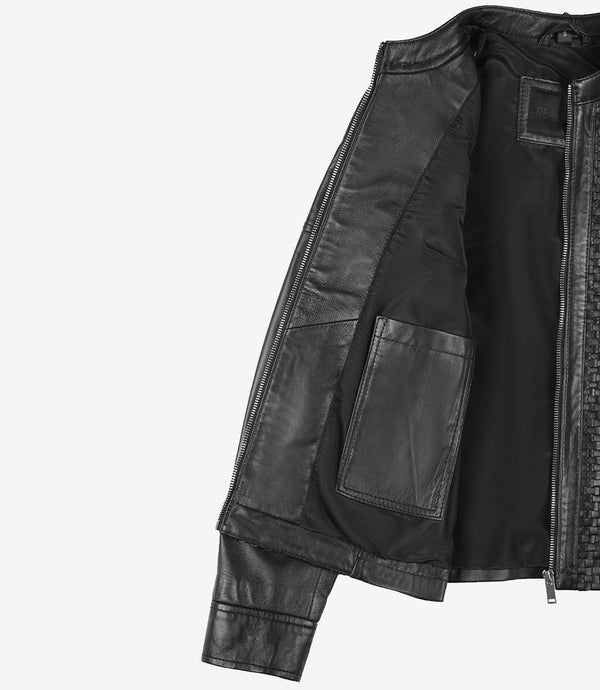 Women's Black Textured Cafe Racer Leather Jacket