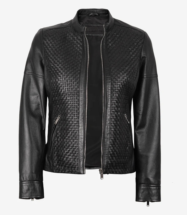 Women's Black Textured Cafe Racer Leather Jacket