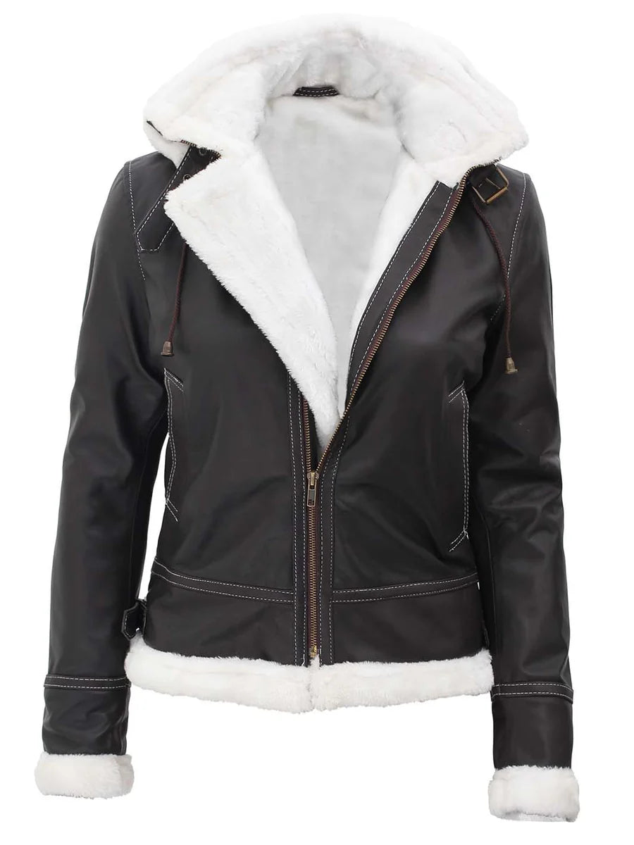 Womens Shearling Dark Brown Bomber Leather Jacket with Removable Hood