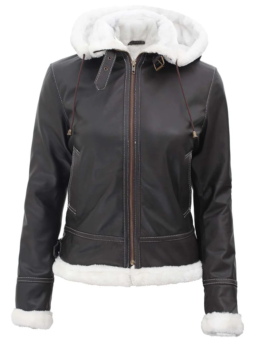 Womens Shearling Dark Brown Bomber Leather Jacket with Removable Hood