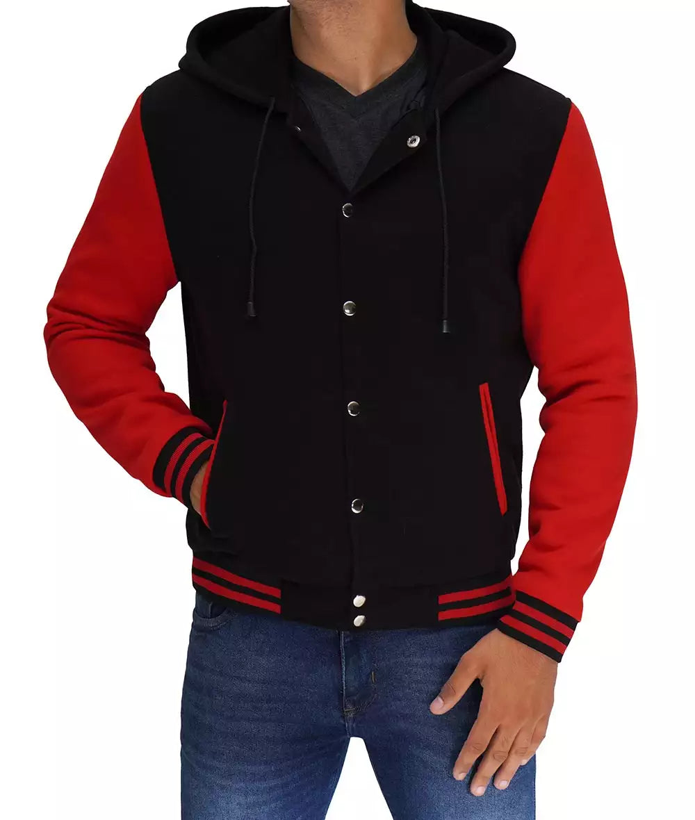 Salerno Men’s Black and Red Hooded Varsity Jacket