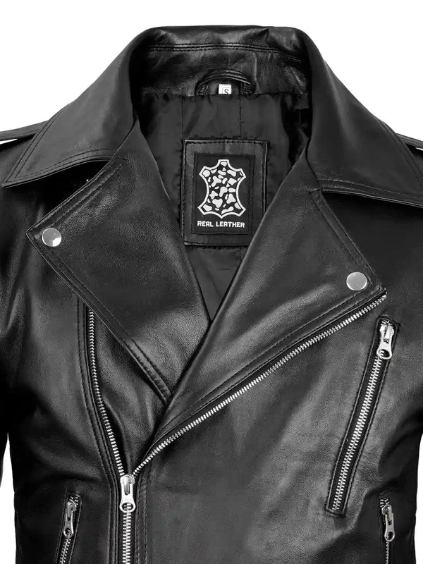 Men's Black Asymmetrical Belted Leather Biker Style Jacket