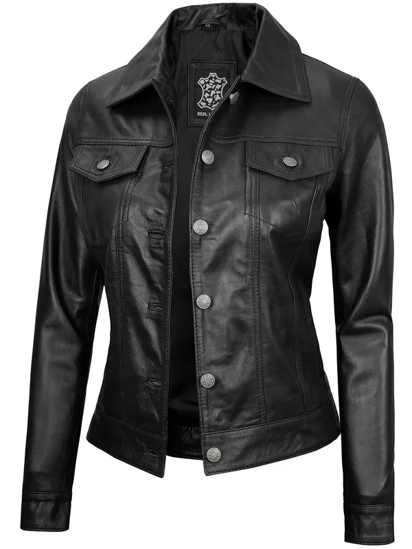 Fernando Women's Black Leather Trucker Jacket