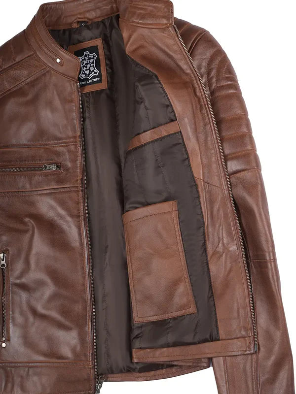 Austin Men's Cognac Brown Cafe Racer Leather Jacket