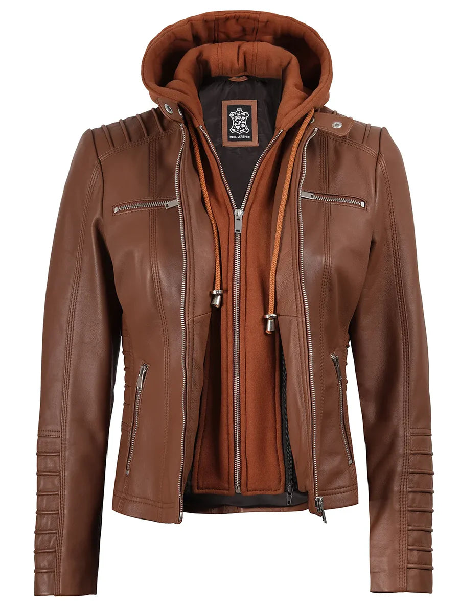 Women's Cognac Brown Leather Jacket With Removable Hood