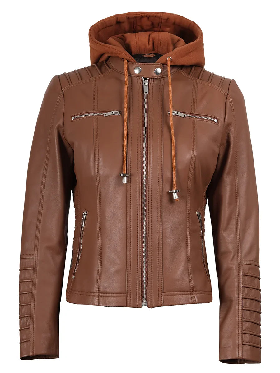 Women's Cognac Brown Leather Jacket With Removable Hood