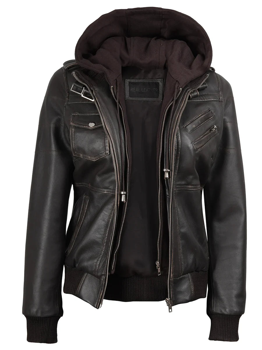 Women's Dark Brown Rub Off Leather Jacket with Removable Hood