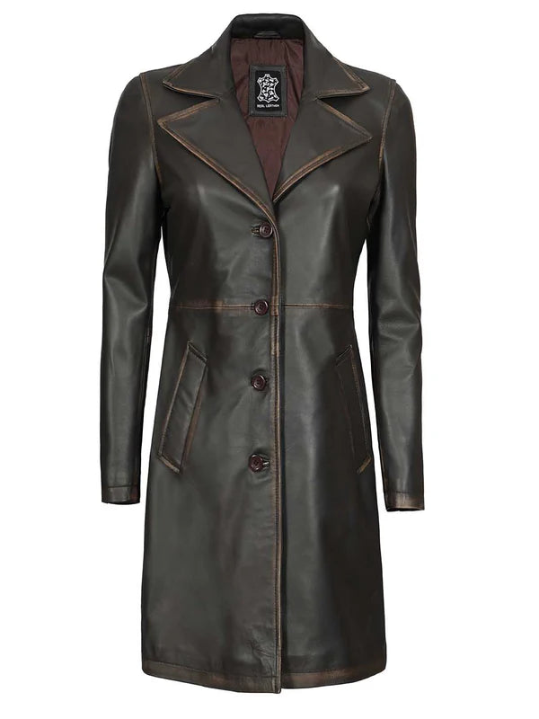 Bryson Women's Rub Off Dark Brown Leather Long 3/4 Coat