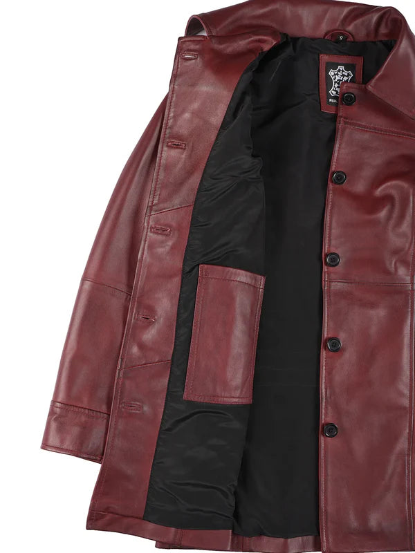 Kandis Women's Burgundy Real Leather Car Coat