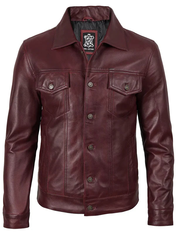 Men's Burgundy Real Leather Trucker Jacket