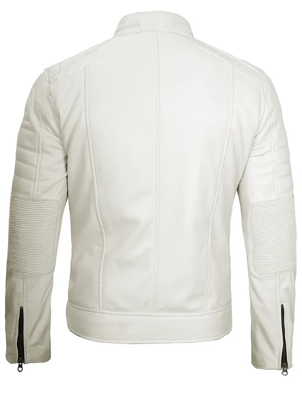 Mens Off White Cafe Racer Real Leather Jacket