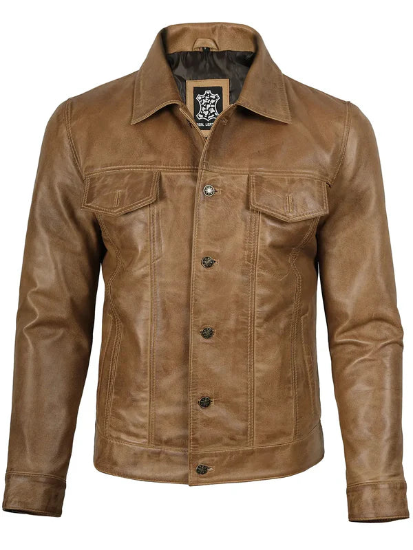 Men's Camel Brown Leather Trucker Jacket