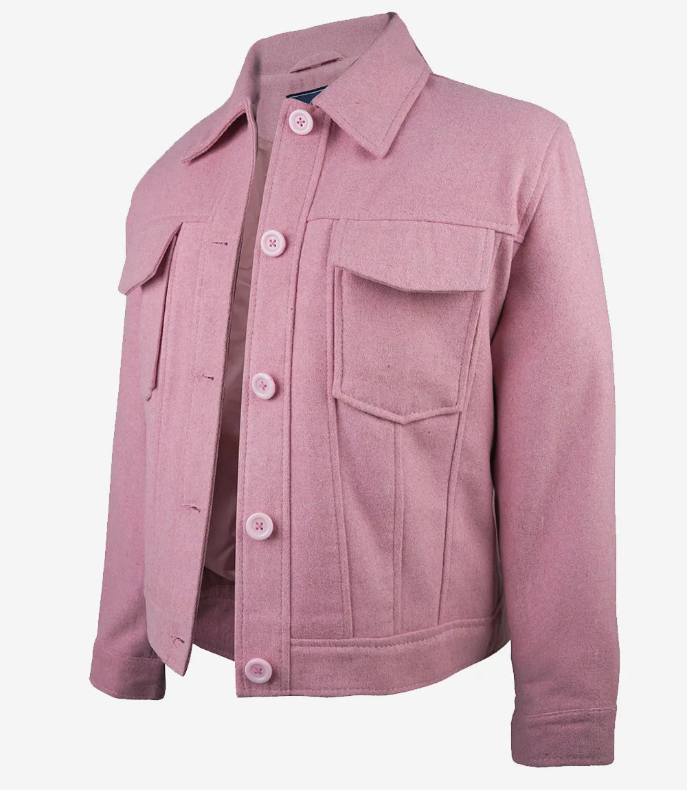 Women’s Classic Pink Wool Button-Up Jacket - Trucker Style