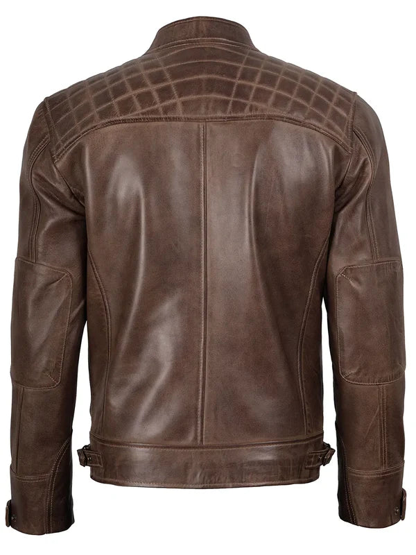 Men Chocolate Brown Cafe Racer Real Leather Jacket