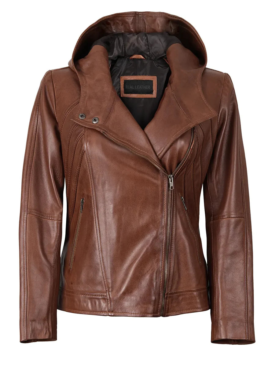 Cidra Women Asymmetrical Brown Hooded Leather Jacket