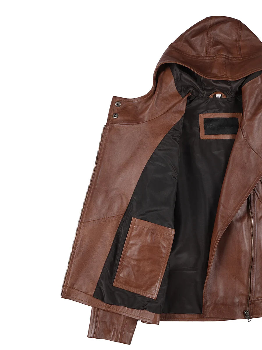 Cidra Women Asymmetrical Brown Hooded Leather Jacket