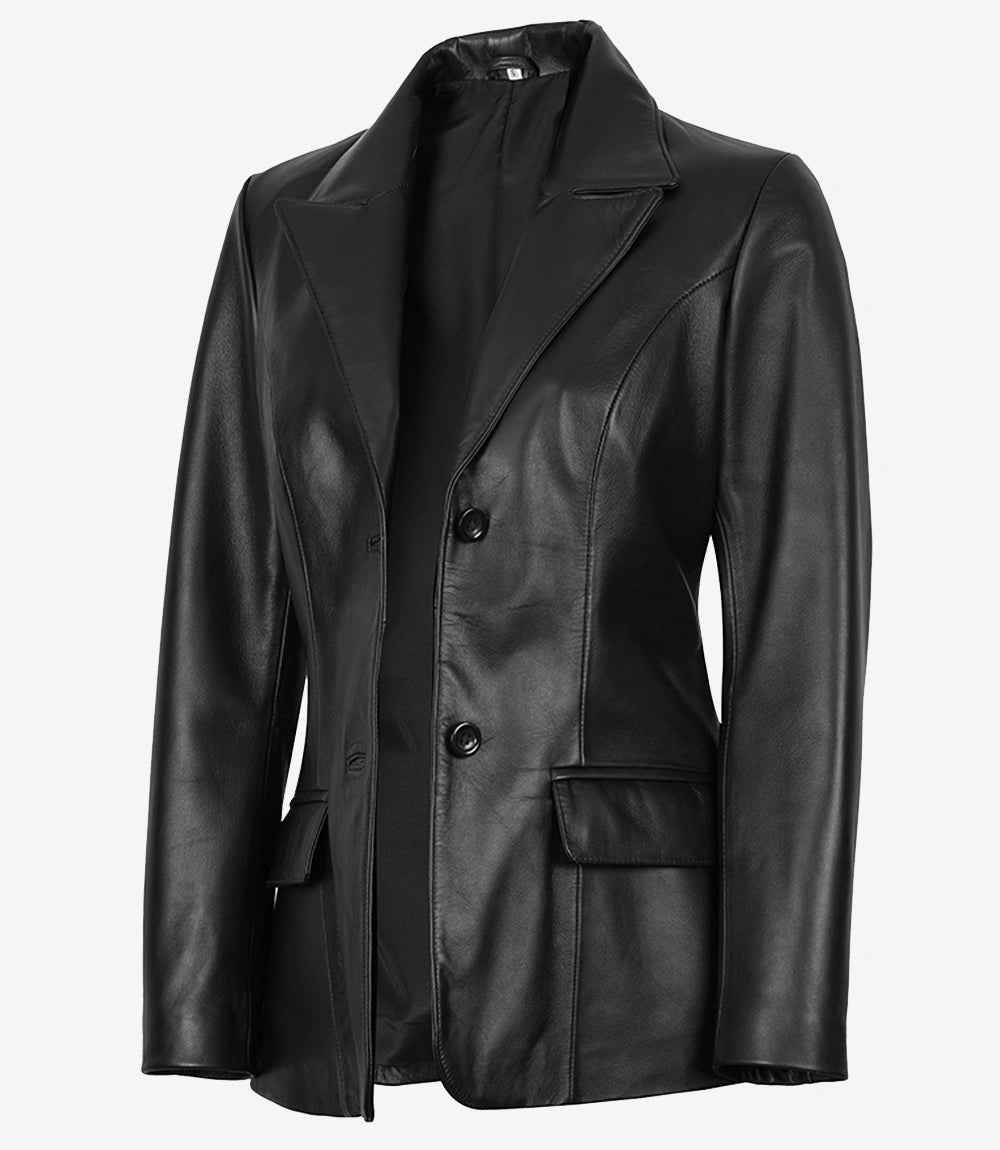 Women's Two Button Black Leather Blazer