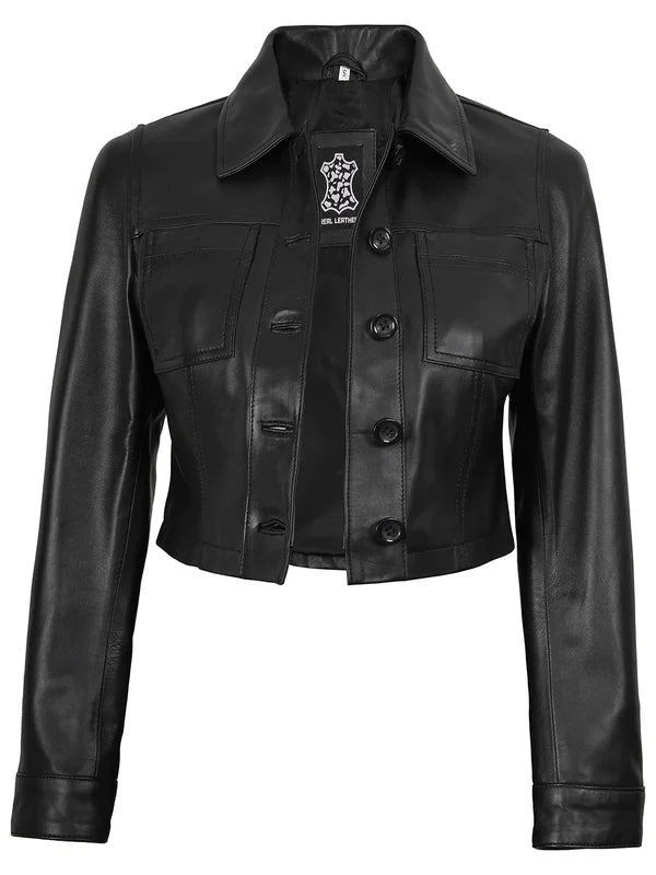 Mable Womens Black Cropped Harrington Leather Jacket