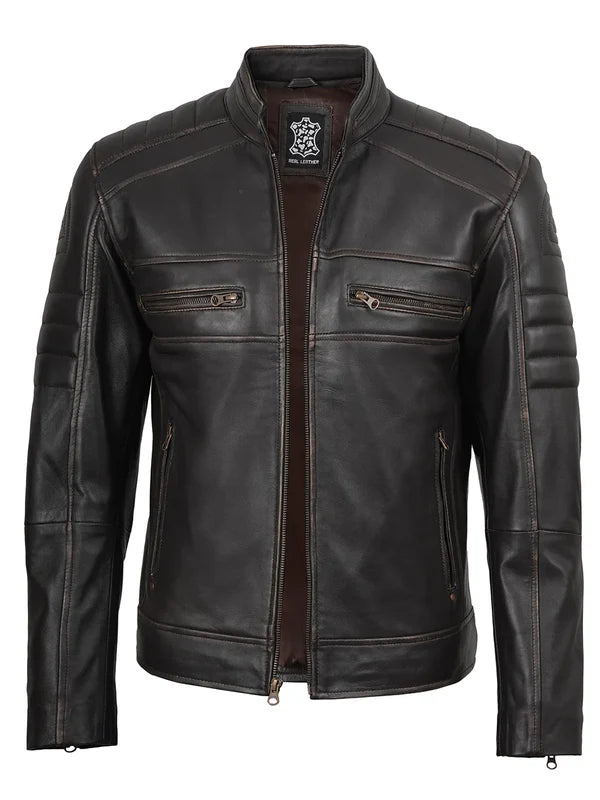 Men's Rub Off Dark Brown Cafe Racer Leather Jacket