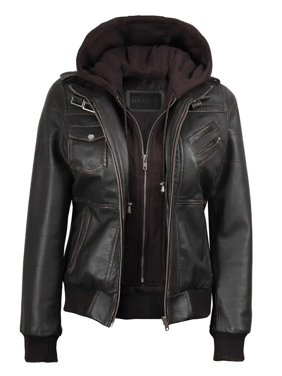 Women's Dark Brown Rub Off Leather Jacket with Removable Hood
