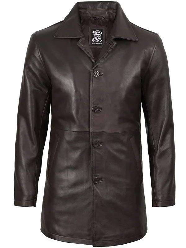 Winchester Men's Distressed Dark Brown Leather Car Coat