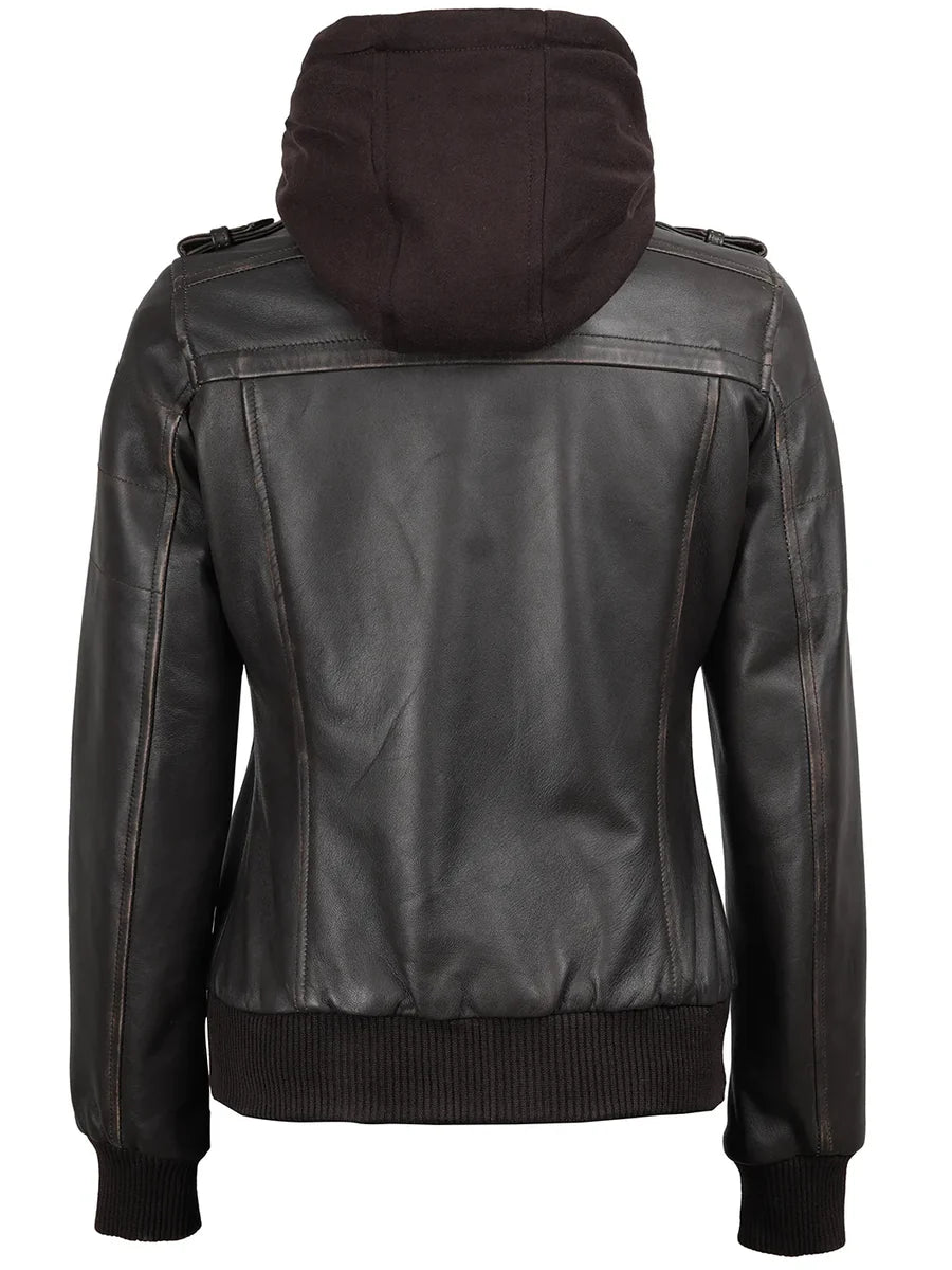 Women's Dark Brown Rub Off Leather Jacket with Removable Hood